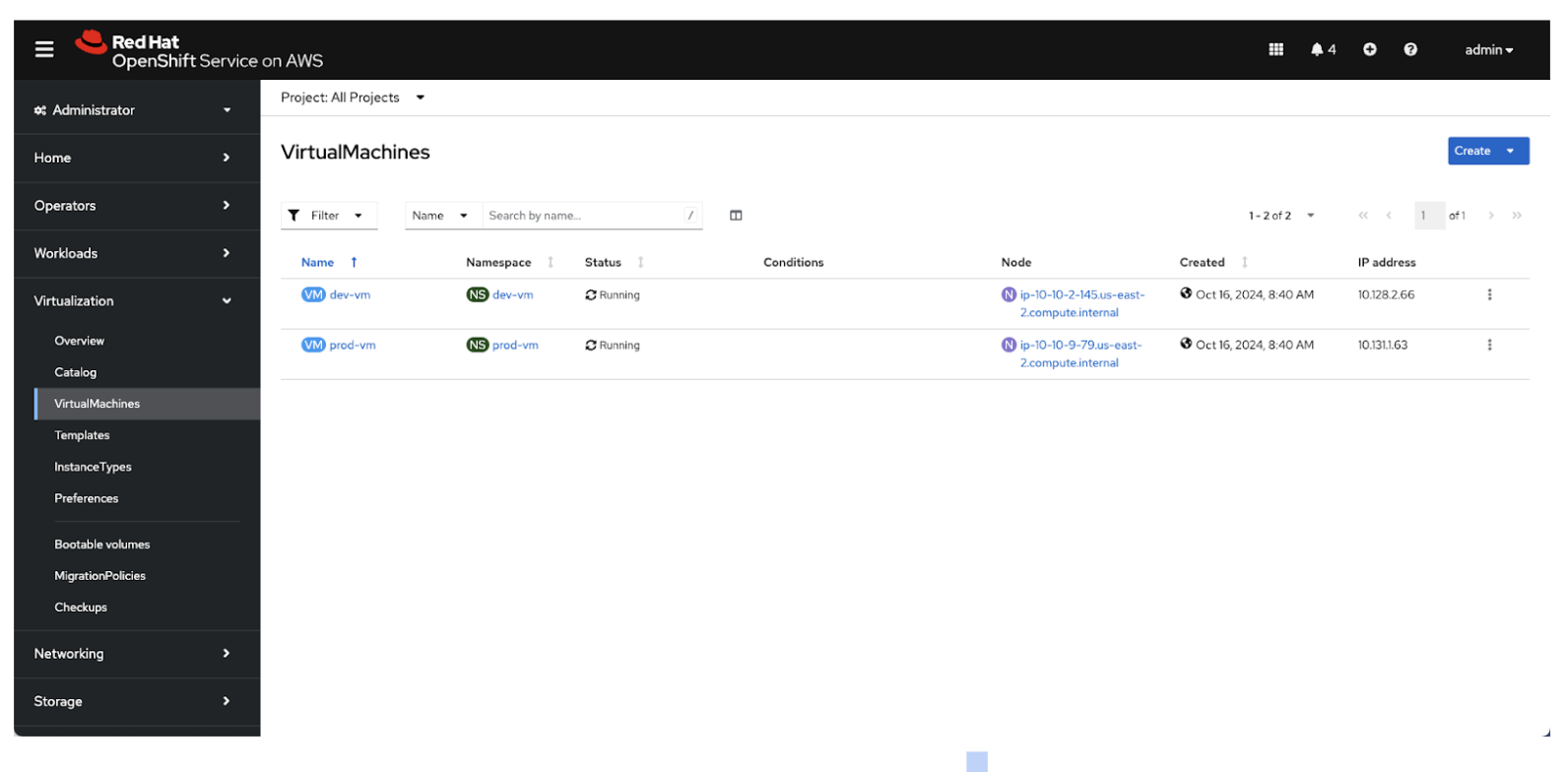 OpenShift virtualization machine view